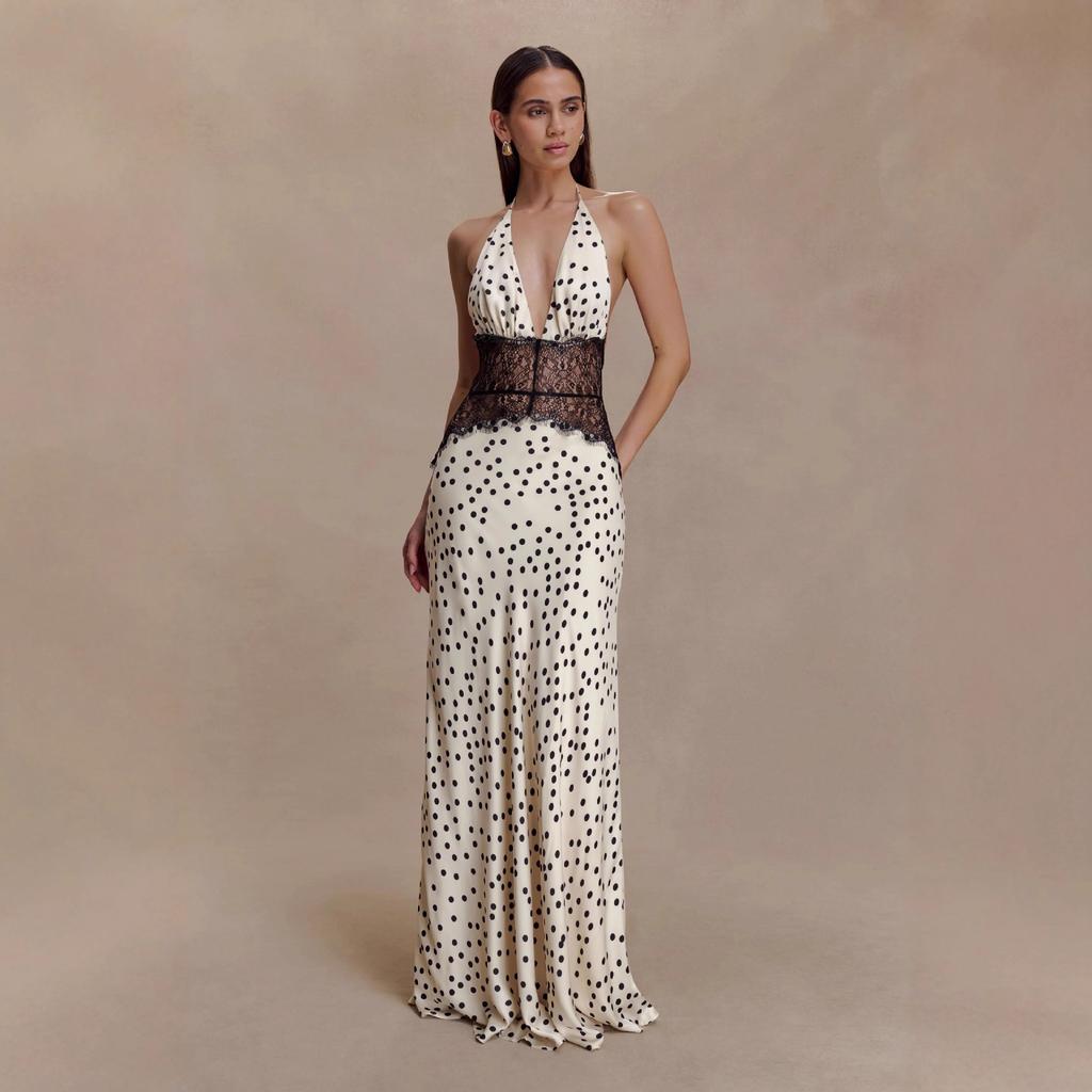 Halter Neck Deep V-Neck Polka Dot Maxi Dress with Lace Detailing