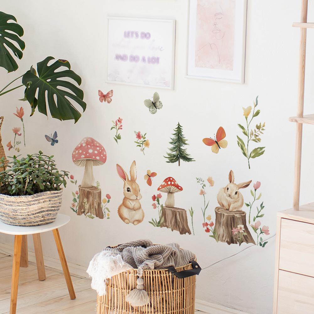 Cartoon Bunny Stump Forest Bedroom Living Room Home Wall Background Beautification Decoration Wall Stickers