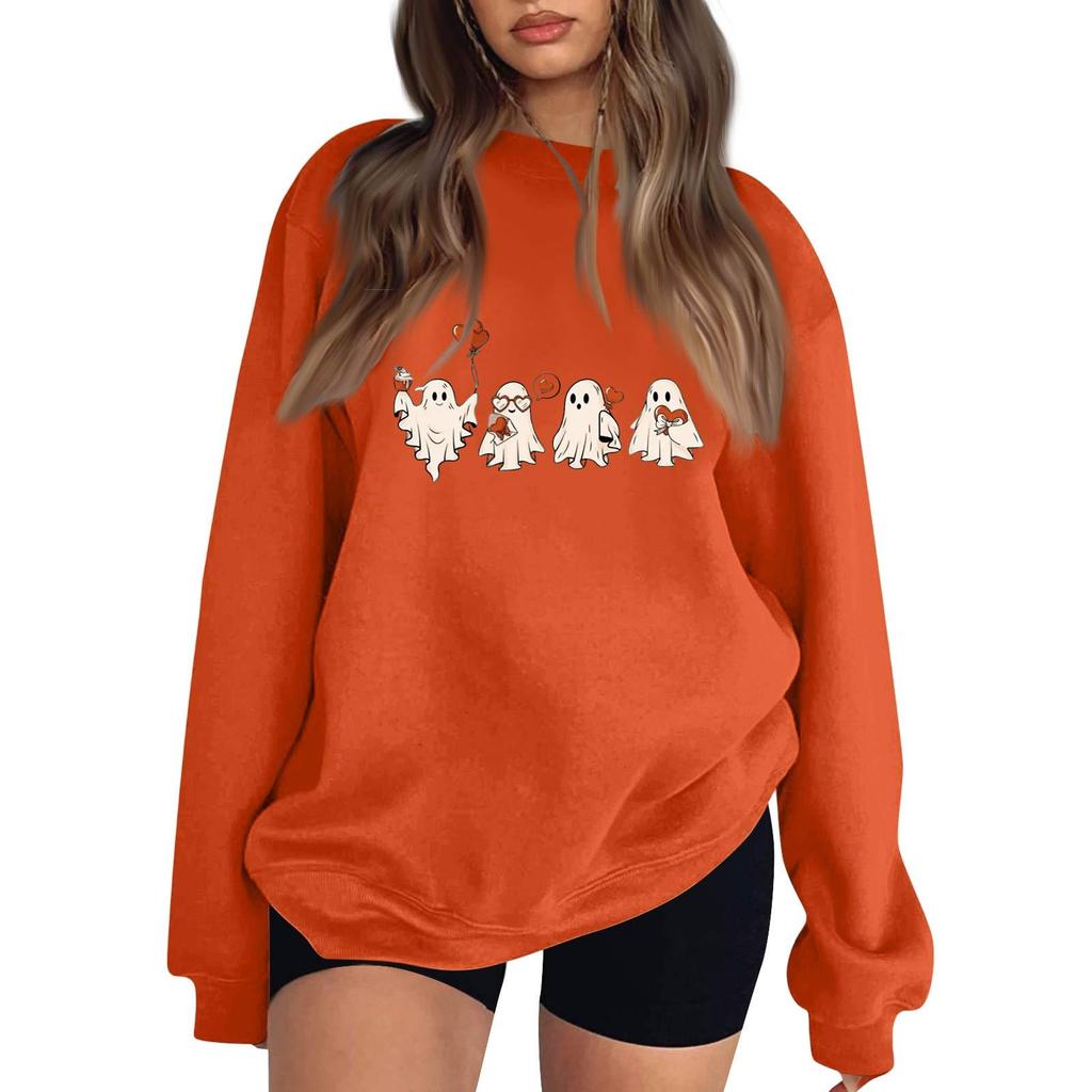 Women's Long Sleeve Neck Sweatshirt Loose Fit Casual Pullover Top with Small Halloween Print