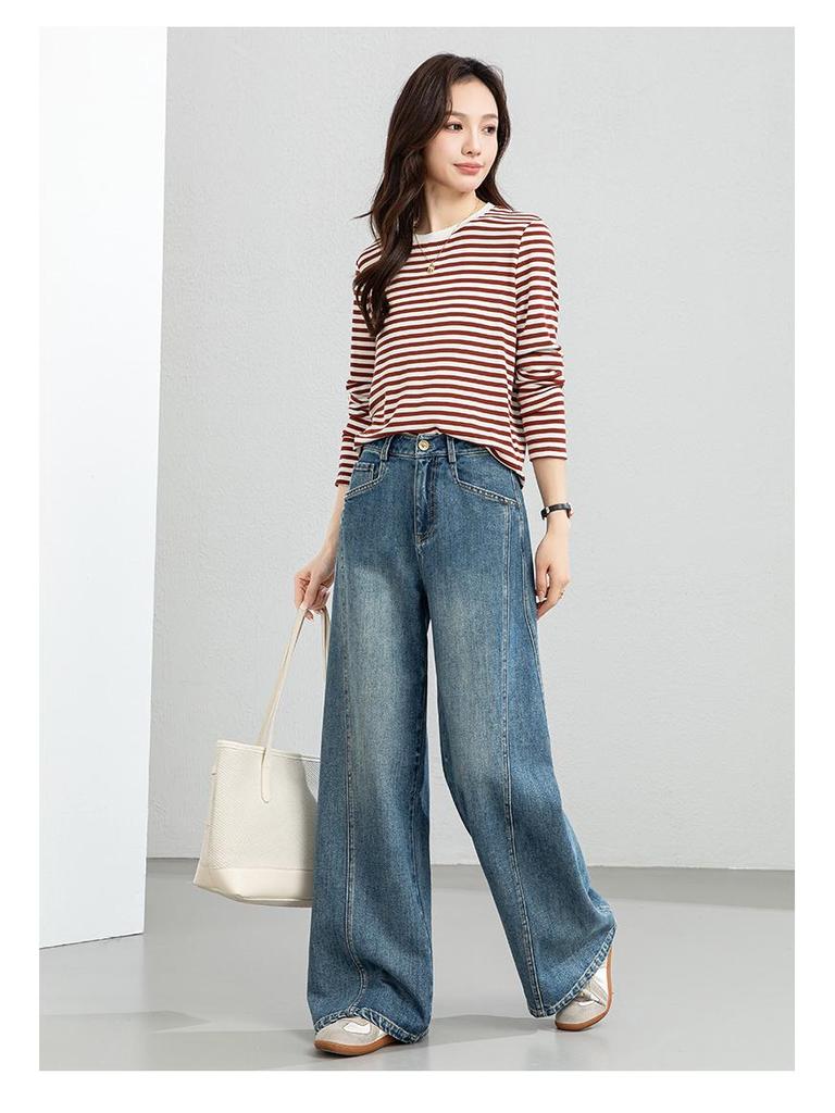 Yifei Women's Slim-Fit Long-Sleeve Striped Tencel Wool Top, 2026 Spring Collection