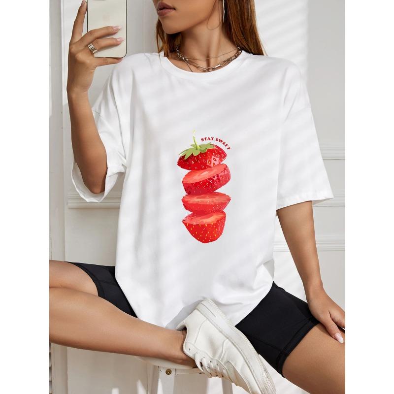 White Oversized T Shirt With Strawberry Slices And Stay Sweet Text Print For Casual Wear