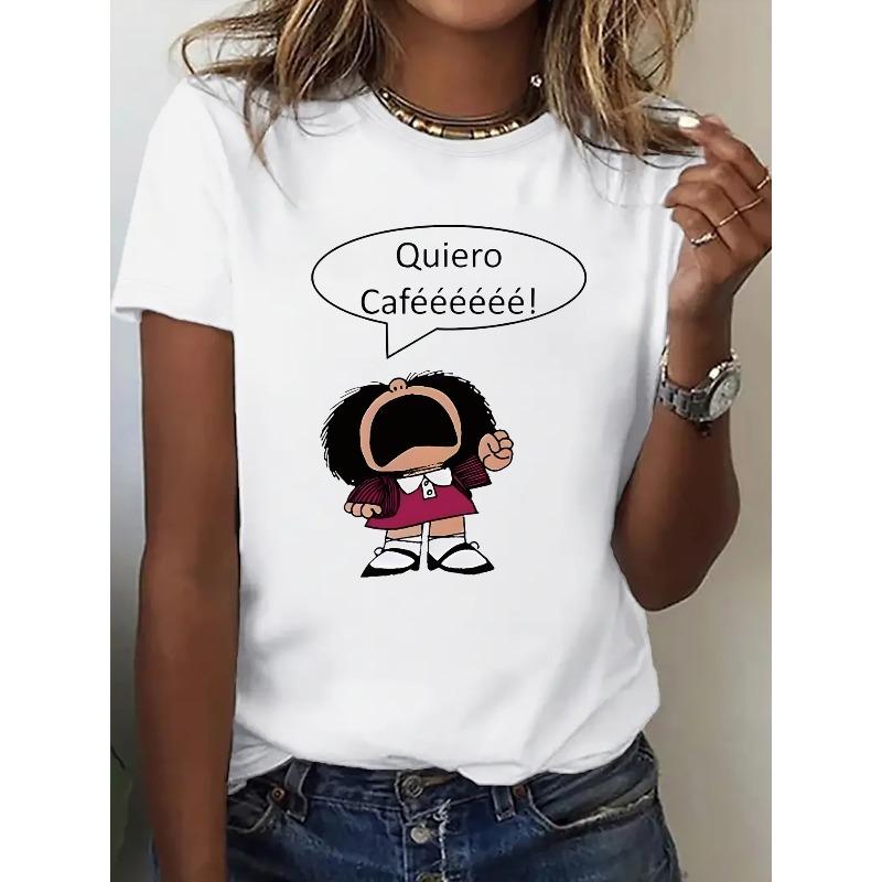 

Европейский размер Интересная футболка с коротким рукавом и принтом с испанской фразой Я хочу кофе , Модная повседневная женская футболка S белый