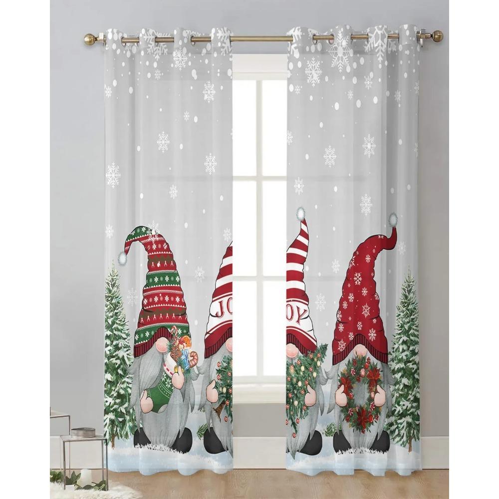 Xmas Winter Snow Flake Gnome Sheer Curtains Home Window Decorations Sheer Fabric Tulle Curtains For Living Room Bedroom Kitchen