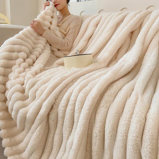 Furry Throw Blanket Fluffy Thick Bubble Blanket Cozy Warm Striped Plush Blanket for Couch Sofa Bedroom Living Room Winter Use