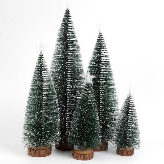 Mini Christmas Tree Small Artificial Snow Flocked Pencil Tree with LED Lights Tabletop Tree Ornaments with Wooden Base for Xmas Home Decor