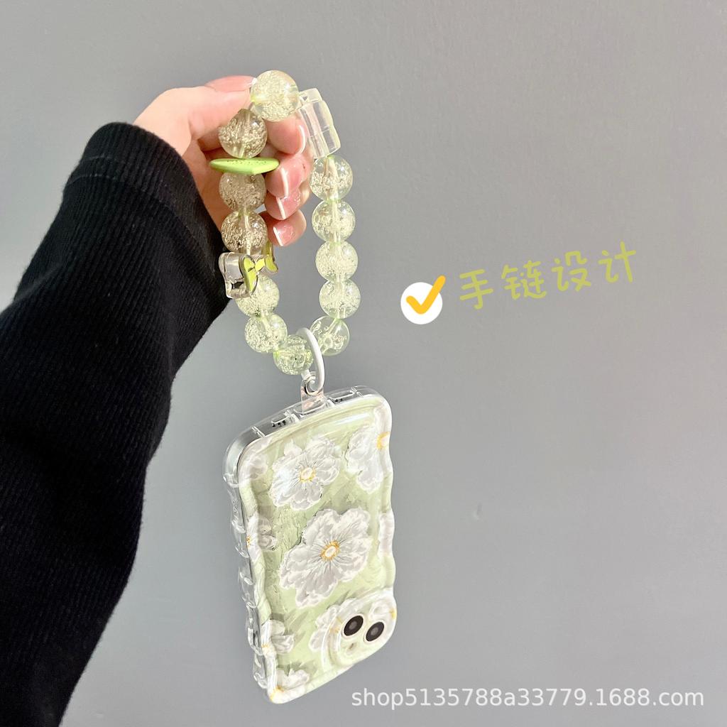 Apple 15 Mobile Phone Case Cartoon Green Bracelet Oil Painting Flower iPhone16ProMax/12/11/xs/xr