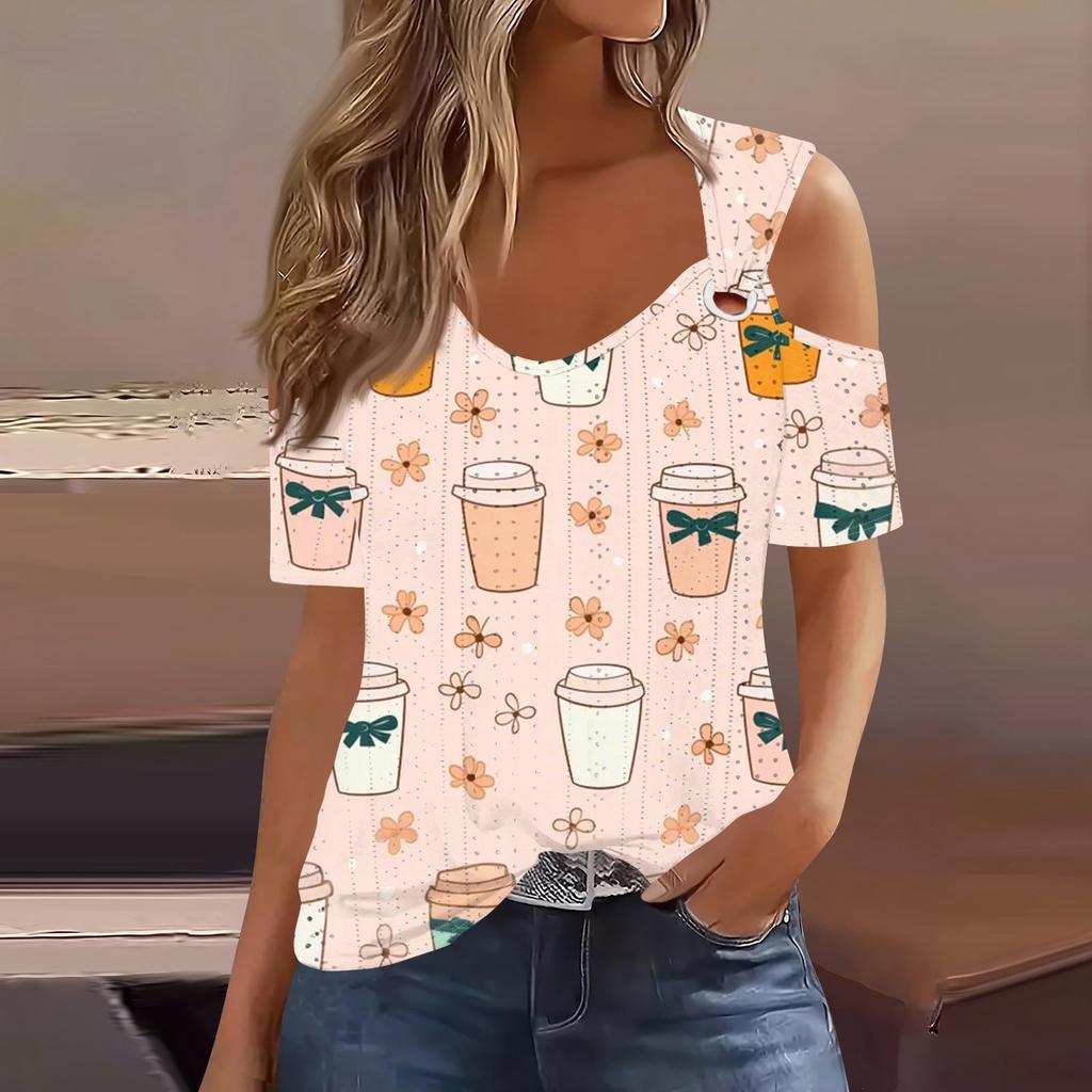 Sexy Cold Sholuder Tops For Women  Summer Hollow Out Eyelet Short Sleeve Blouse Loose V Neck Tshirt Trendy Casual Tunics