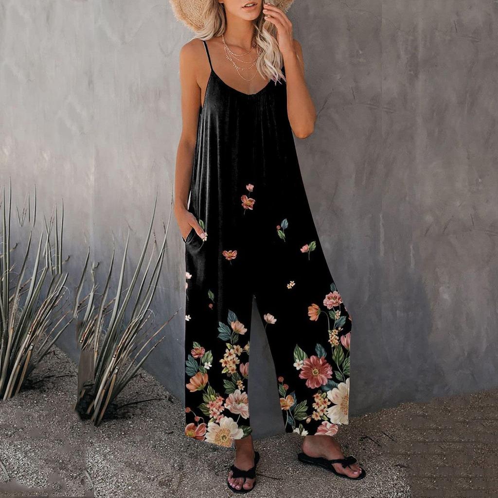 Women's Loose Sleeveless Jumpsuits Adjustable Spaghetti Strap Stretchy Long Pant Romper Jumpsuit With Pockets