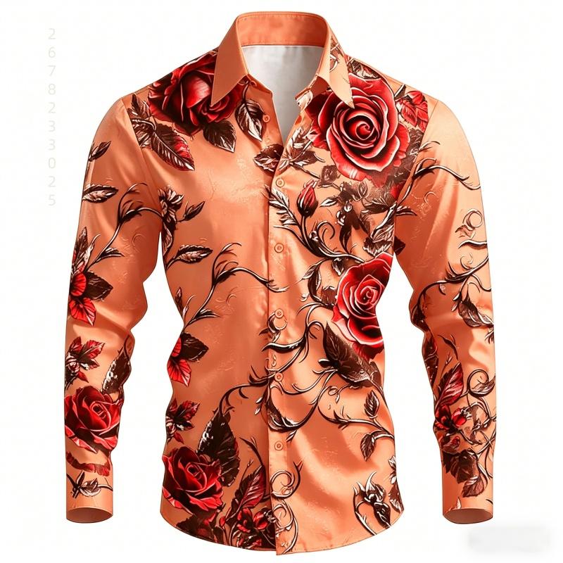 2026 New Men's Shirt with Black Background and Red Rose Print, Slim Fit and No Iron Business Casual Shirt, Versatile Top