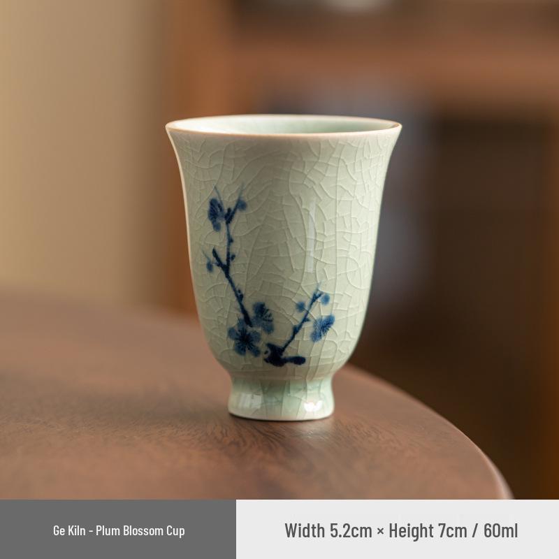 Ge Kiln Crackled Teacup Gift Set – Ice Crack Design with Plum, Orchid, Bamboo, Chrysanthemum Motifs.