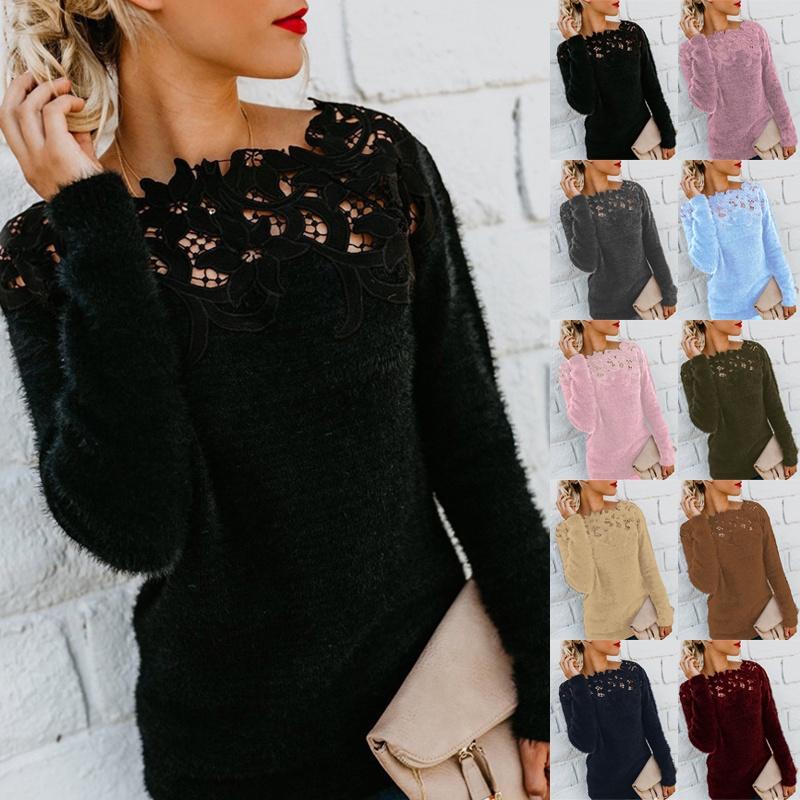 Cozy Women's Autumn Winter Fleece Sweater Tops With Elegant Lace Design For Style