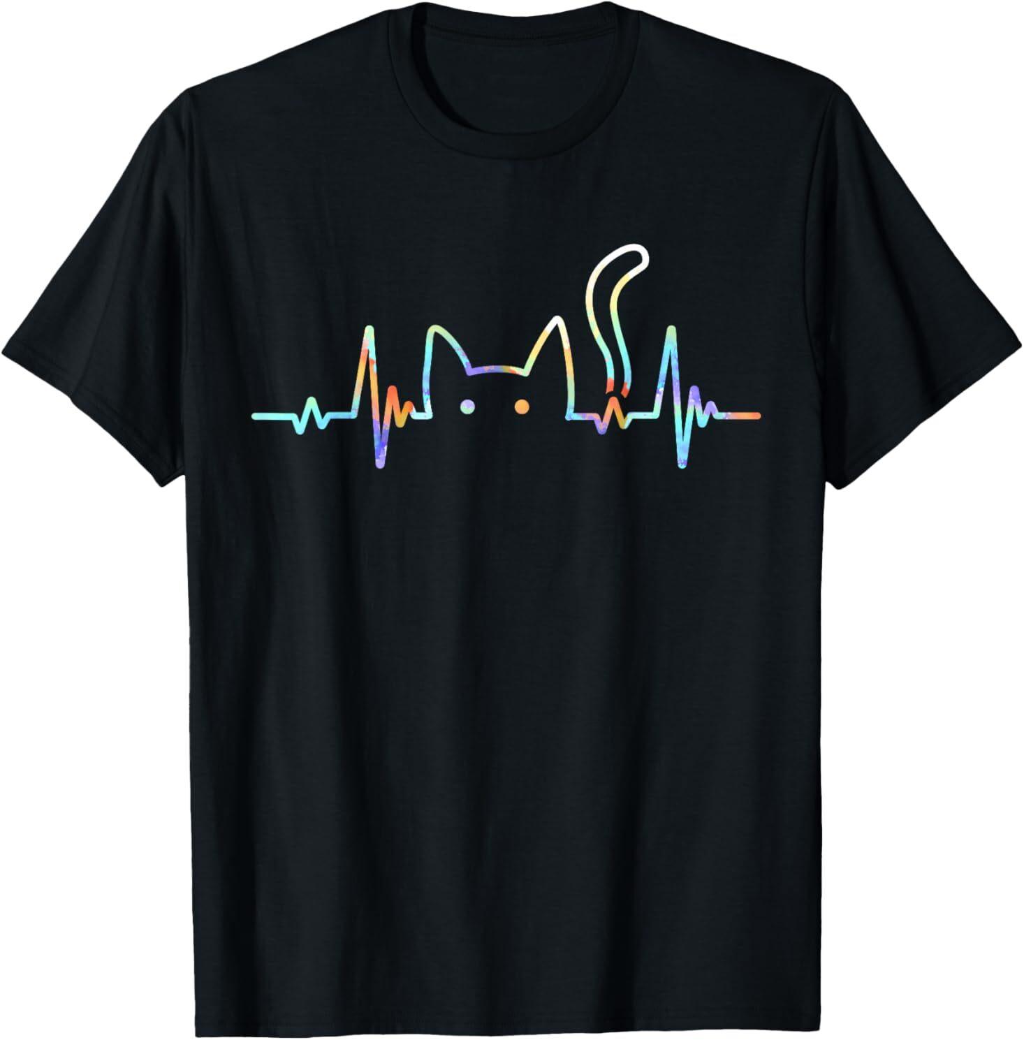 Heartbeat Cat Lover Animal Silhouette Cute Cat T-Shirt Mens Womens Tees Top L