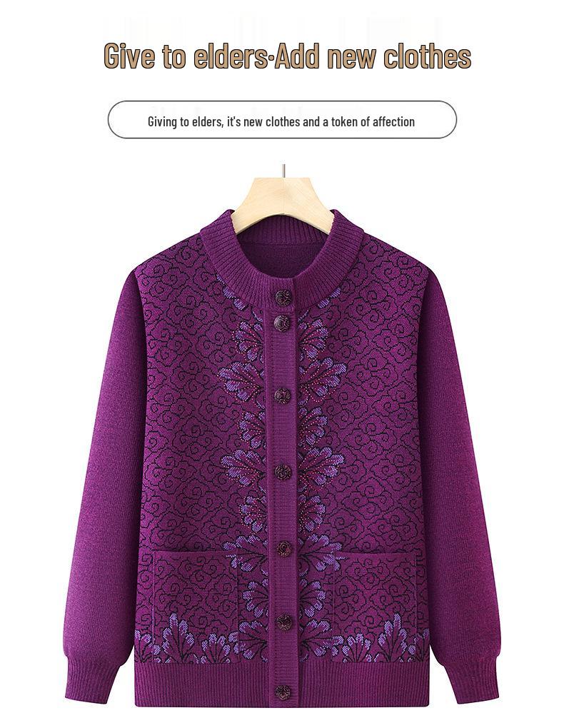 Round Neck Knitted Cardigan for Middle-Aged and Elderly Women - Grandma Style Sweater for Spring and Autumn
