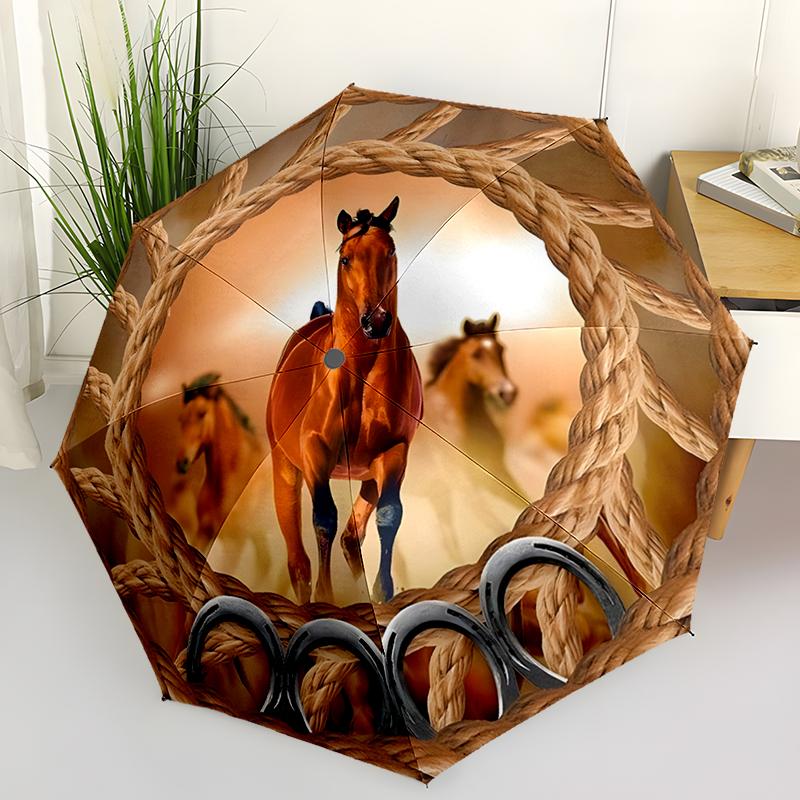 Horse Theme Design Folding Umbrella-Fashionable Auto-Open Design 8 Iron Ribs Plastic Handle Foldable Sunshade,Perfect Gifts