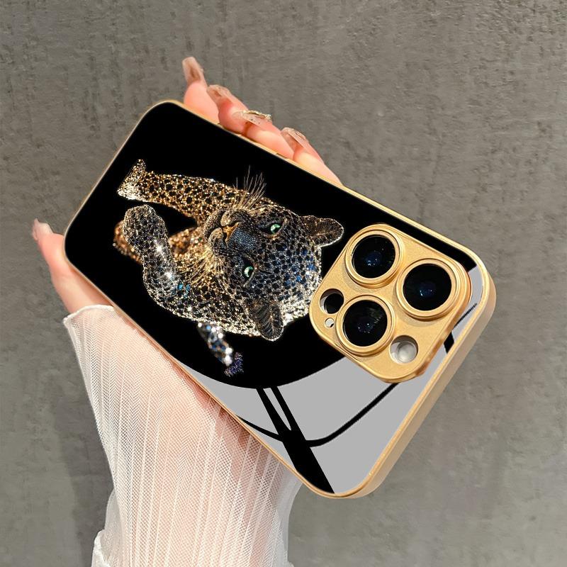 Cool Leopard Animal Print Gold Metallic Paint Glass Phone Case For iPhone 17 16 15 14 13 12 11 Pro Max 16 Plus 17 Air 16E Cover