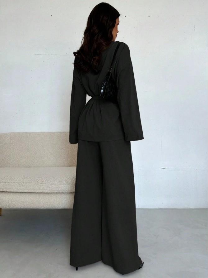 European V-Neck Elegant Women's Suit with Long Sleeves and Wide-Leg Pants