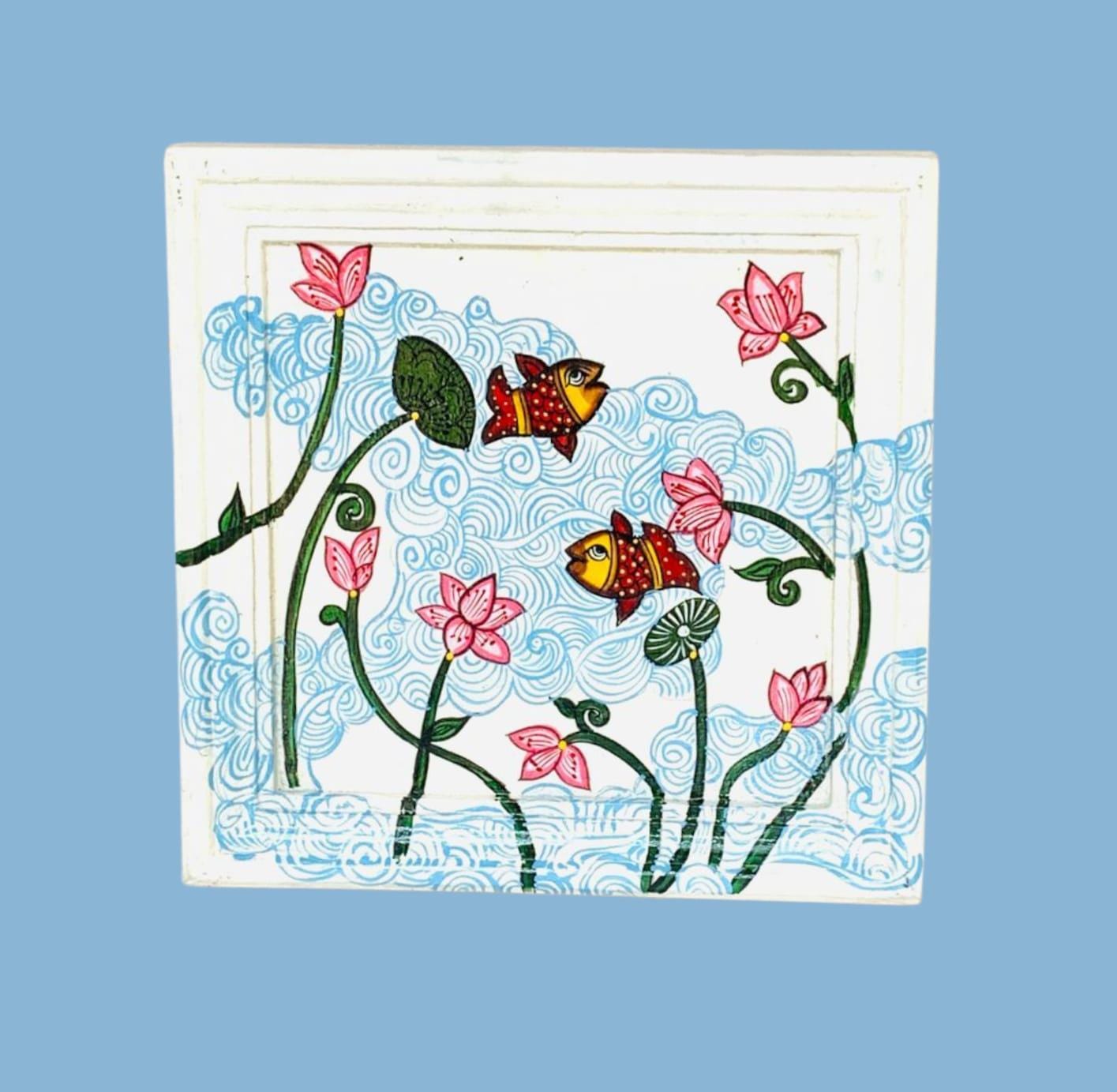 Деревянная рамка с ручной росписью в виде цветов и рыб: Индийское народное искусство настенный декор 18” X 9” X 24” (l x w x h)