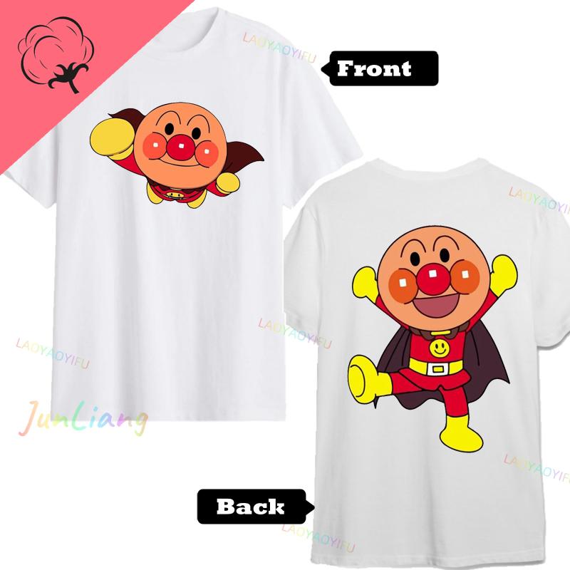 Cute Anpanman Cartoon Tee Unisex Double Sided Graphic TShirt for Men Women Kids Harajuku Style Oversized Cotton Top