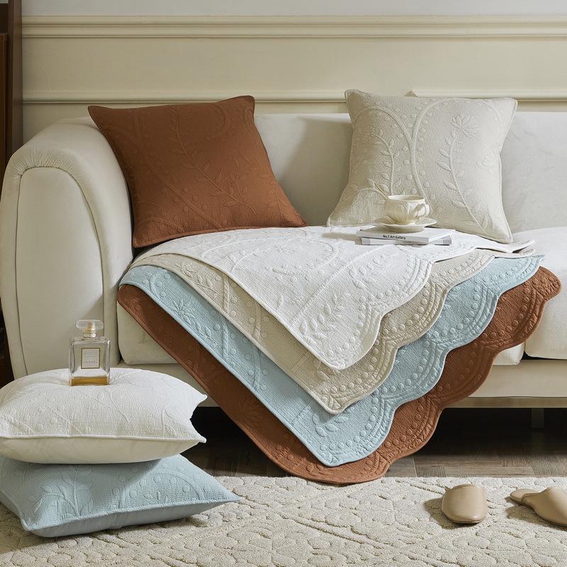 Vintage Embroidered All-Cotton Sofa Cushion with Non-Slip Lace, Four Seasons Universal Cover