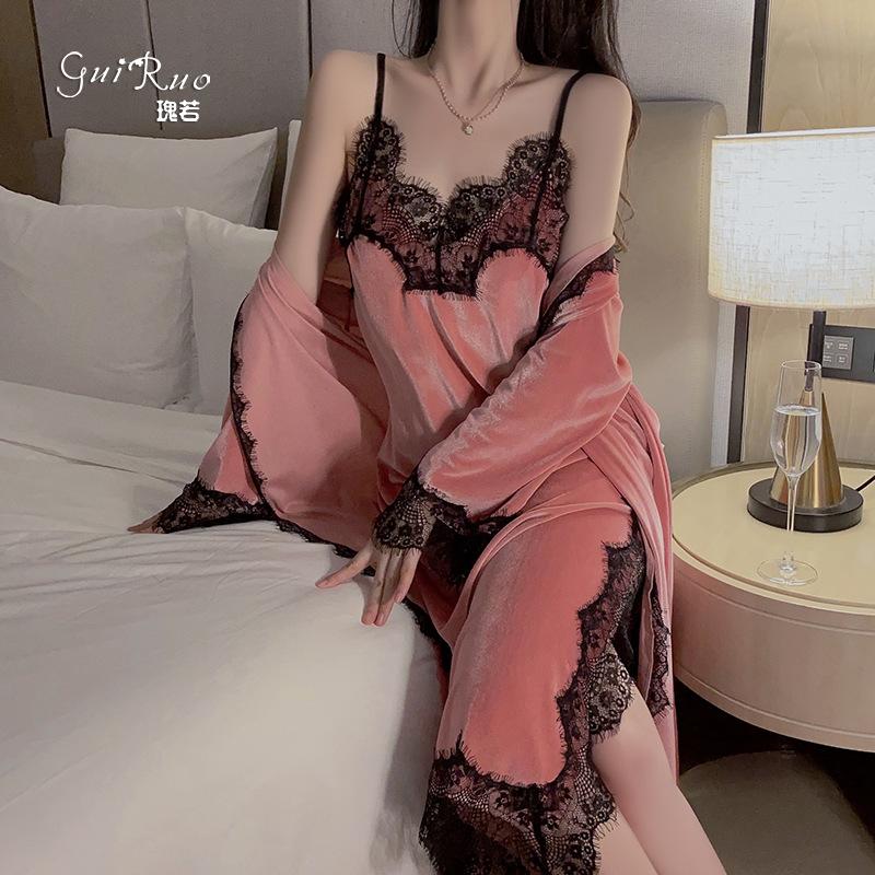 Women's Plus Size Velvet Slit Cami Sleep Dress with Robe for Fall Winter
