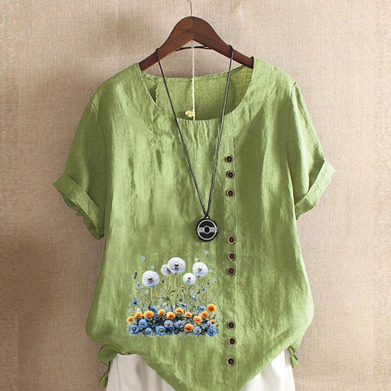 Women's Fashion Flower Cluster Prined Short Sleeve T-shirt Loose Cotton Shirt Casual Loose Summer Blouse Tops Plus Size