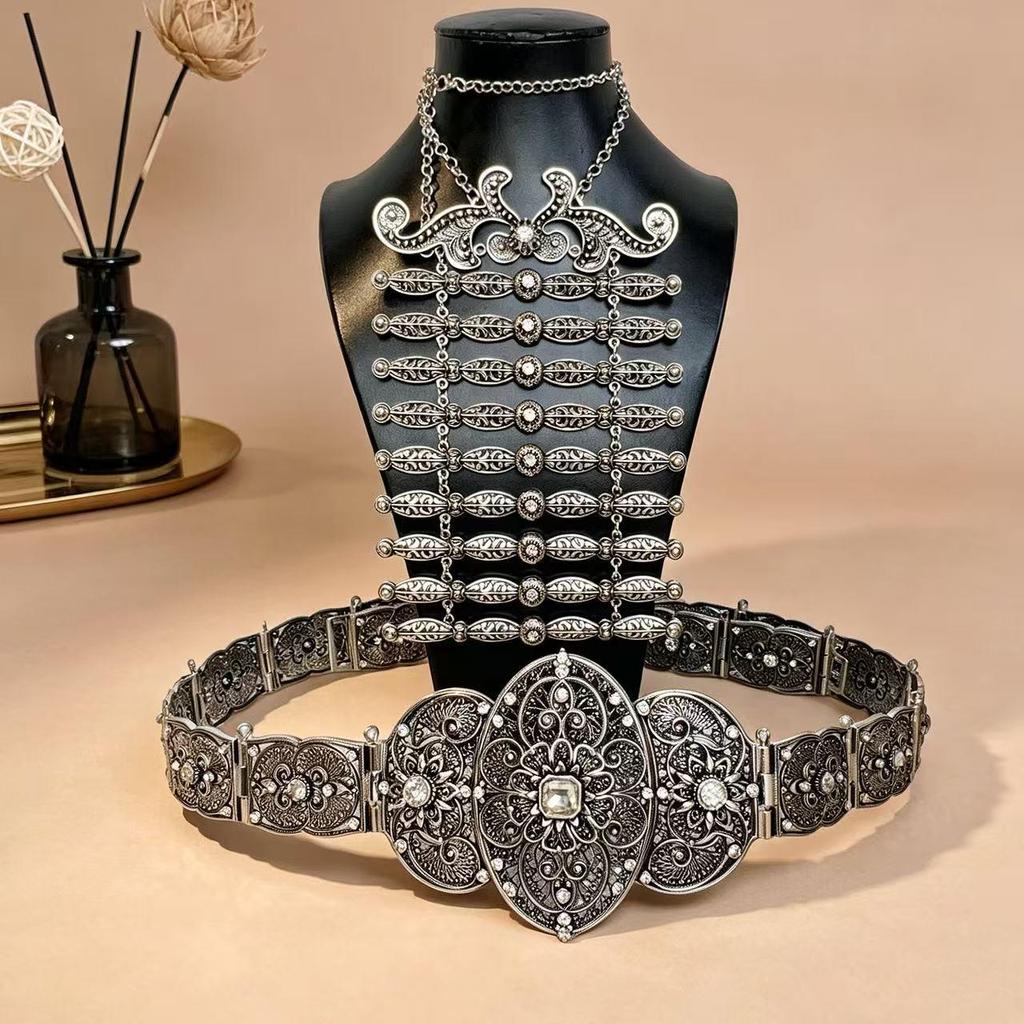 Caucasian Ethnic Rhinestone Women's Waist Belt & Breastplate Set
