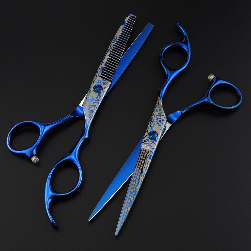 6.0" Blue Damascus Hairdressing & Barber Serrated Scissors with Thinning Shears