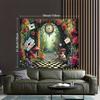 2D Fantasy Wonderland Forest Tapestry Alice Theme with Mushrooms & Cards Wall Hanging