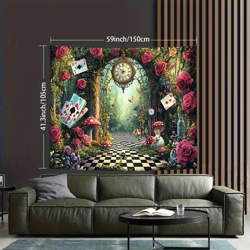 2D Fantasy Wonderland Forest Tapestry Alice Theme with Mushrooms & Cards Wall Hanging