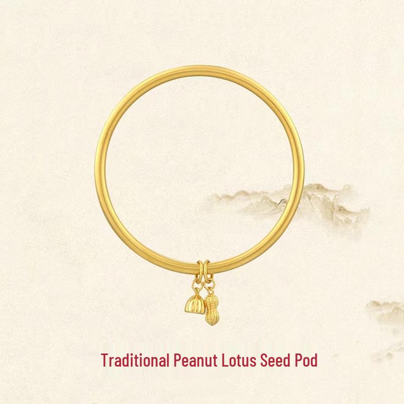 Ancient Style Gold-Plated Brass Bangle with Peanut & Lotus Pod Design – Jewelry Gift Bracelet
