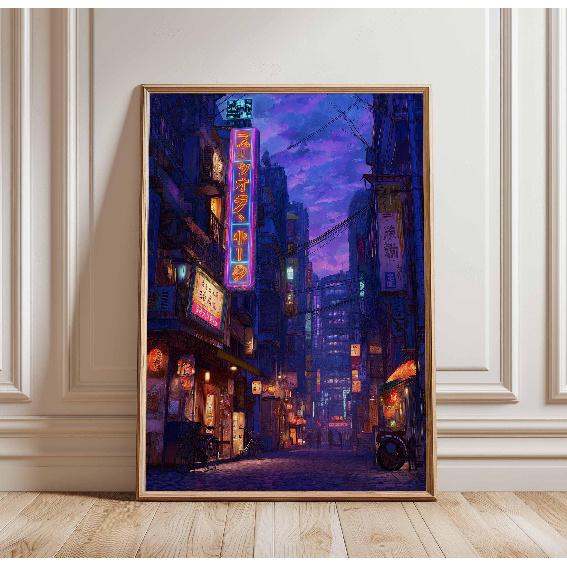 Neon Tokyo Street Poster Print Cyberpunk Night City Wall Art Japanese Urban Lights Decor Futuristic Anime Style Home Decor