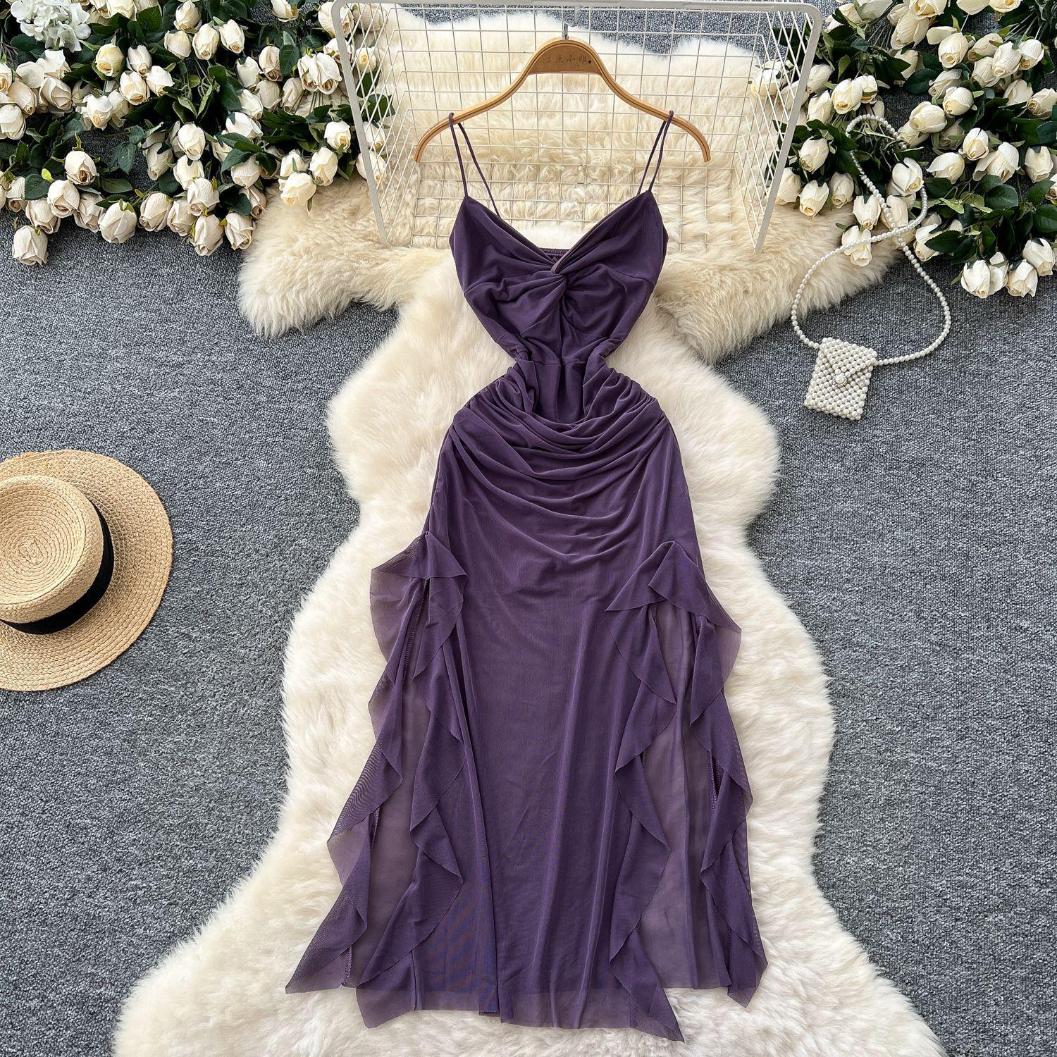 

Сукня-холтер з перекрутом, Літня плісирована сукня з нерегулярним подолом та приталеною талією для жінок S фіолетовий