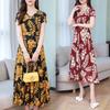 Lady Fashion Floral Print Tight Waist Large Swing V-Neck Short Sleeve Maxi Dress