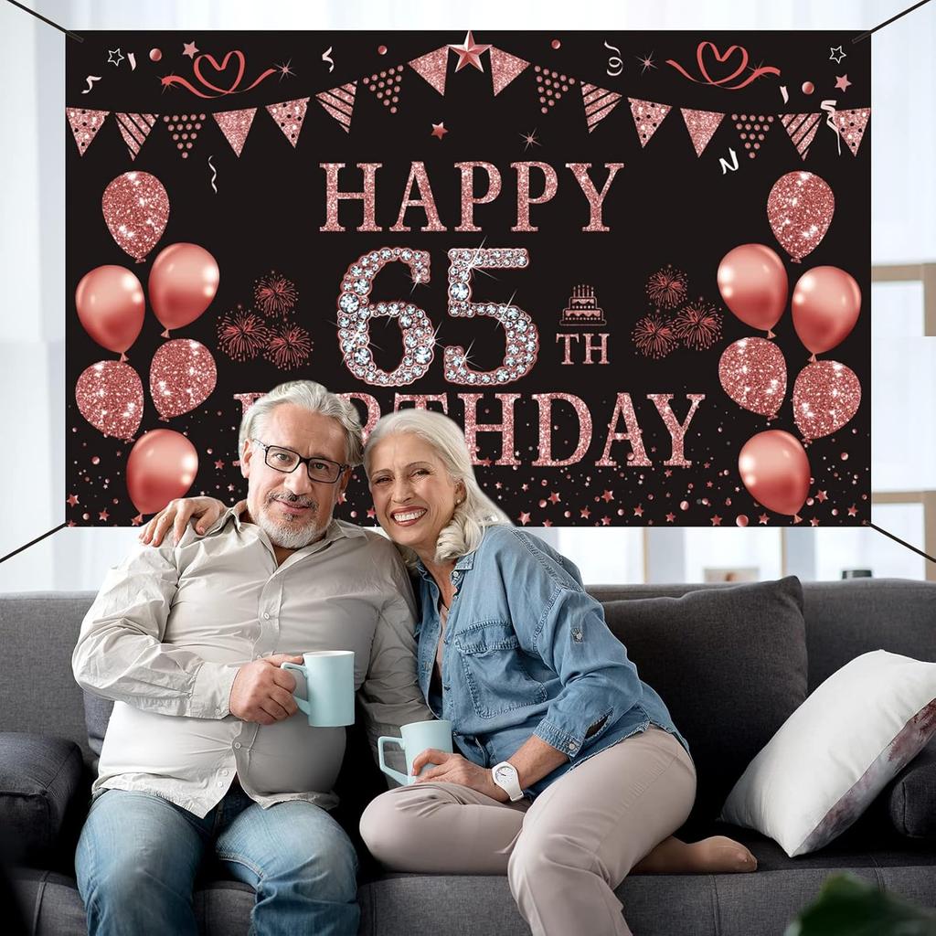 Trgowaul 65th Birthday Decorations for Women 65 year old Rose Gold Birthday Backdrop Banner 5.9 X 3.6 Fts Happy Birthday Party Suppiles Photography