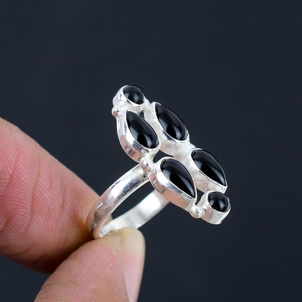 Natural Black Onyx Gemstone 925 Sterling Silver Long Finger Hollow Ring For Women & Girls