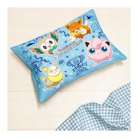 MORIPiLO Children's Pillow Low Pokemon Pikachu Sports Time Blue Approx. 28x39cm Skin-friendly 100% Cotton Fabric Washable with Cover Stuffed Toy
