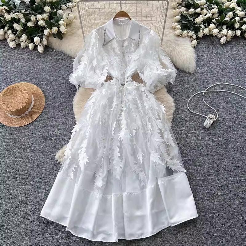 French Retro Floral Beaded Dress with Lantern Sleeves and Lapel