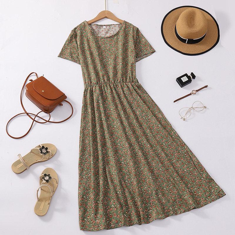 New Arrival Floral Print Waist-Cinched Slimming Summer Dress for Middle-Aged Women