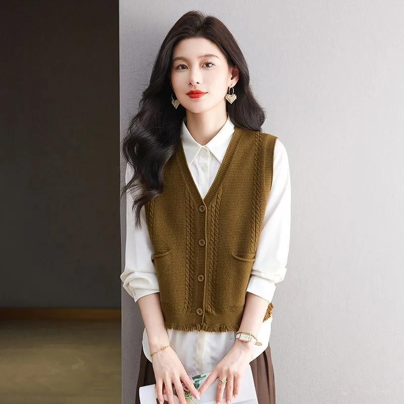 

Вязаный жилет для женщин Осень Новый модный жилет Свободный темпераментный артистичный кардиган Топ S имбирный