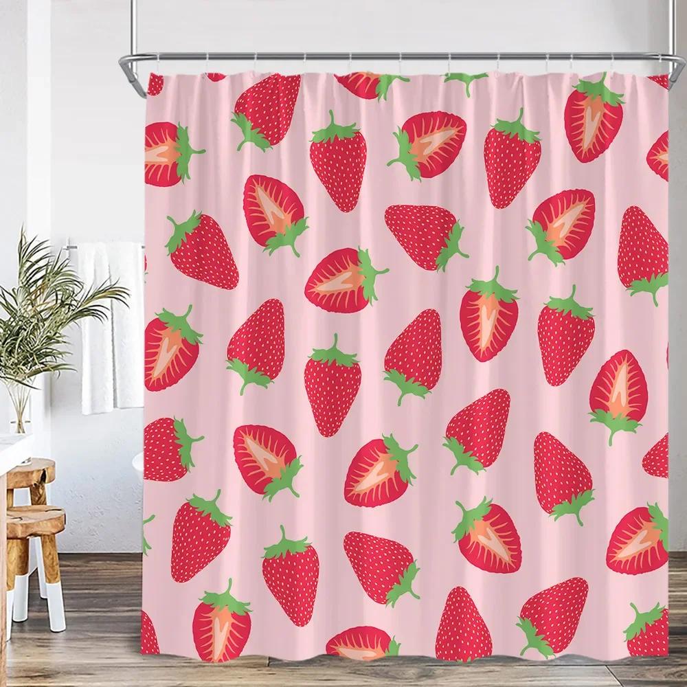 Summer Pink Fruit Shower Curtain Strawberry Cherry Peach Watermelon Shower Curtain Girl Woman Polyester Bathtub Decoration