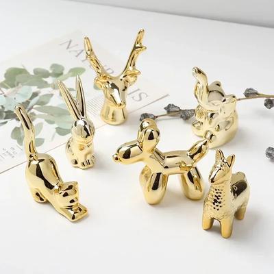MOONBIFFY Small Gold Electroplate Ceramic Animal Figurines Swan Alpaca  Dog Cat Rabbit Fox Deer Porcelain Home Desk Decoration
