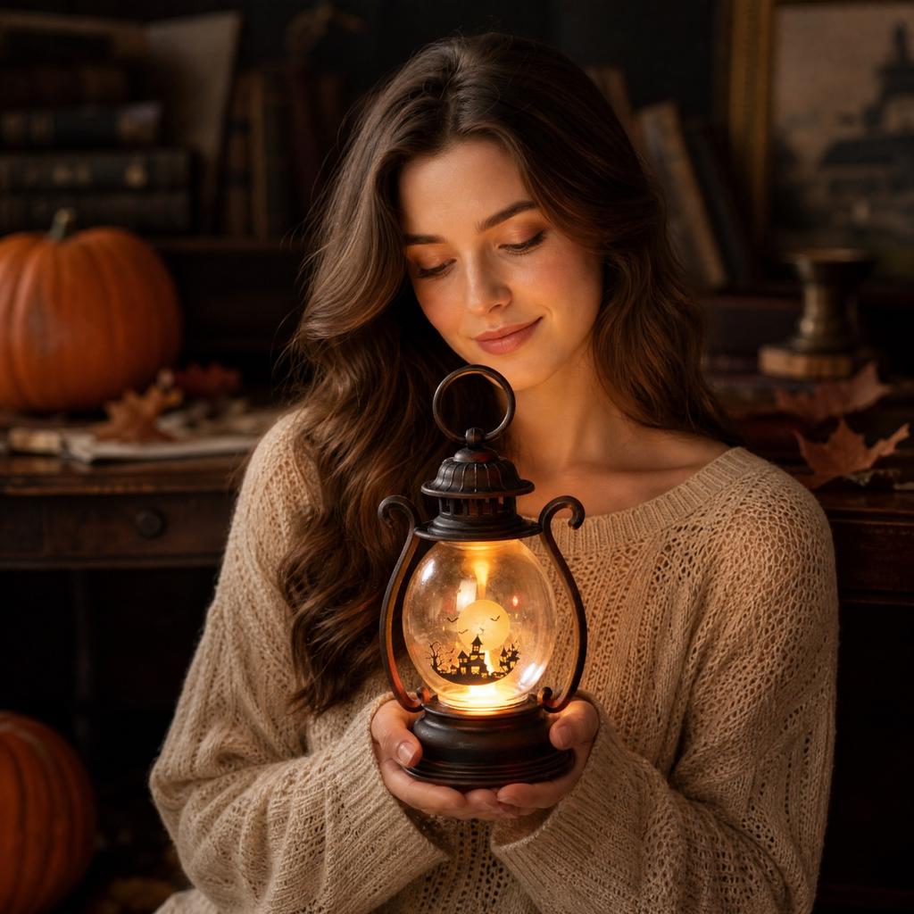 Vintage Oil for Halloween Decorations - Retro Antique Tabletop Lamp with Handle for Indoor Outdoor Use