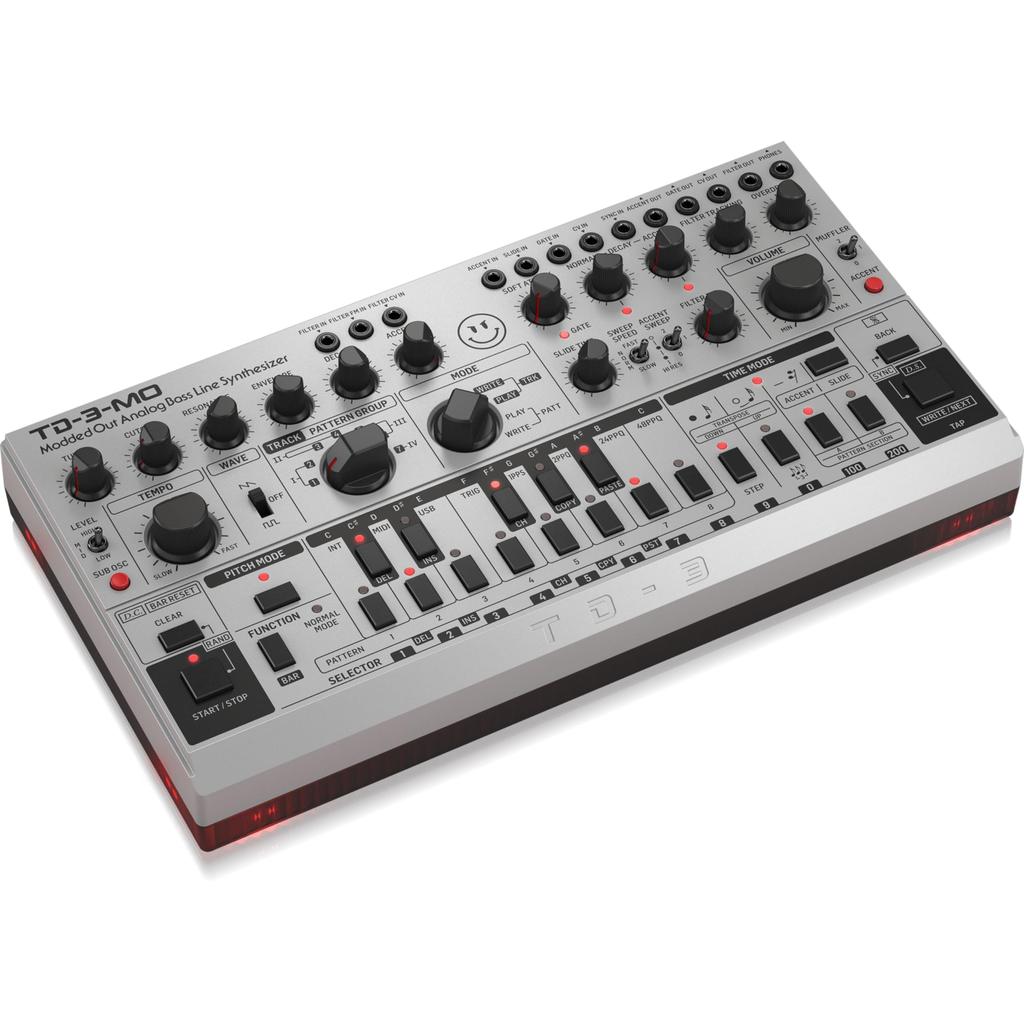 Behringer Analog Bassline Synthesizer TD-3-MO-SR Modded Out USB DIN MIDI VCF MIDI CC Control Sub-Oscillator Overdrive 16-Step Sequencer Silver