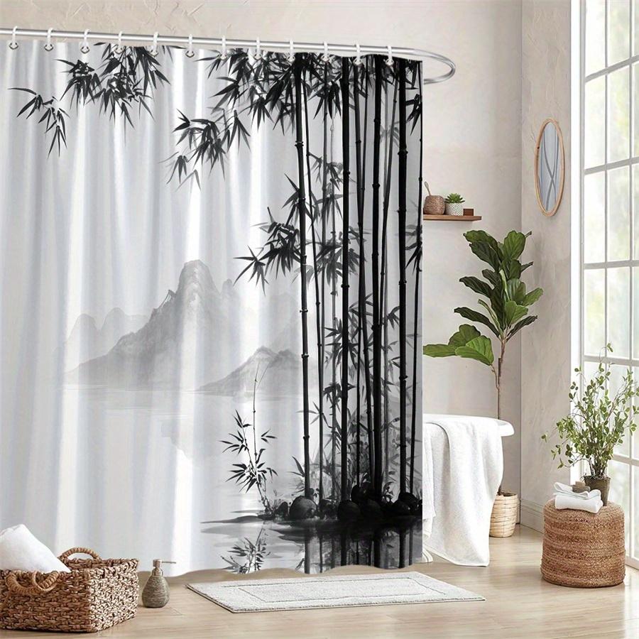 1Pc Black And White Bamboo Forest Mist Pattern Shower Curtain, Machine Washable Polyester With Hooks, Bathroom Decoration