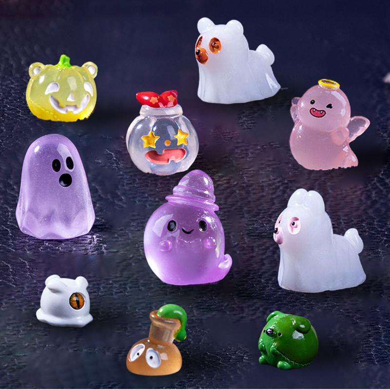 10-12Pcs Luminous Halloween Pumpkin Ghost Ornaments Micro Landscape Resin Ghost Figures Statue Desktop Decoration Party Gifts