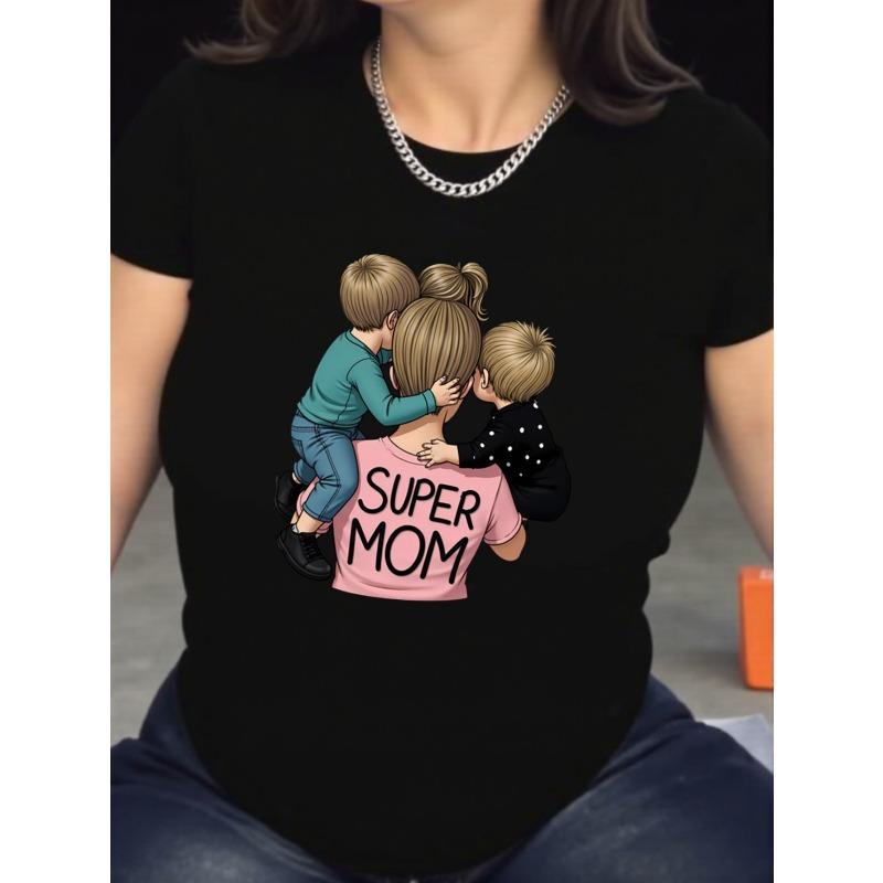 European size Women's Super Mom Print T-Shirt - Short Sleeve Round Neck Casual Top with "Super Mom" & "Mom" Text, Comfortableel