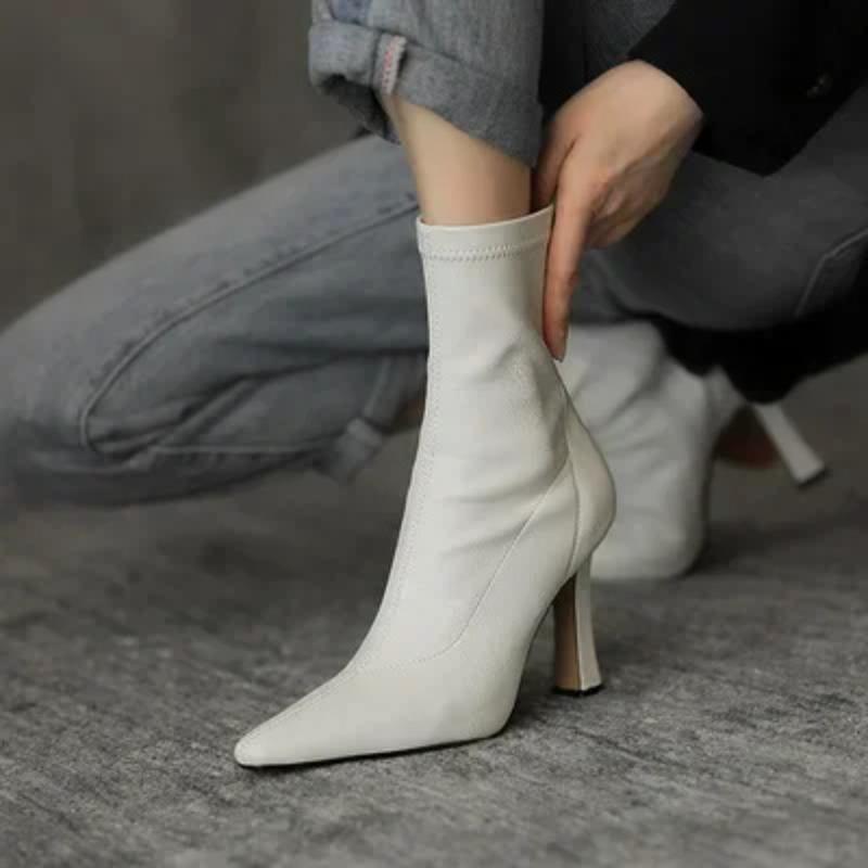 Women High Heel Short Leather Boots  New Boots Female Pointed Thin Heel Boots Ladies Ankle Short Boots
