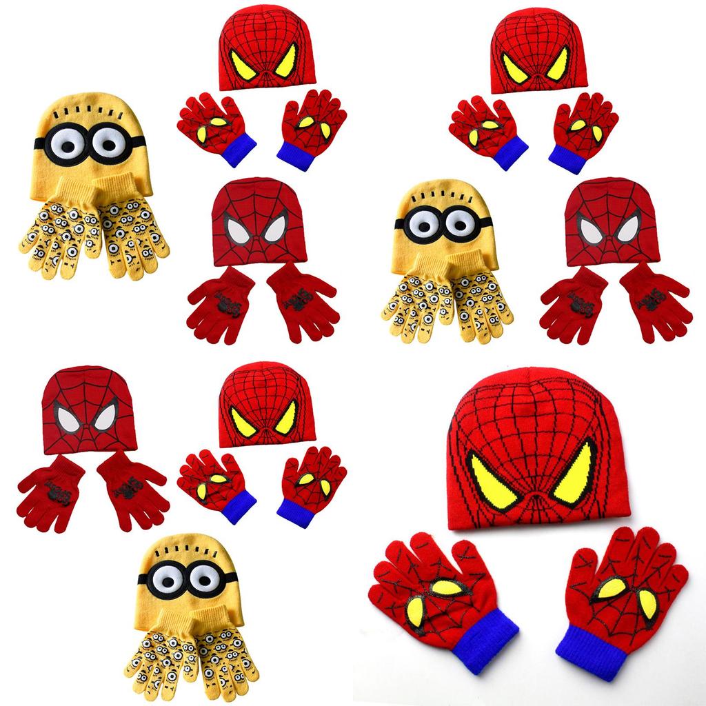Stylish Children's Spiderman Minions Knitted Hat And Gloves Winter Warm Suit