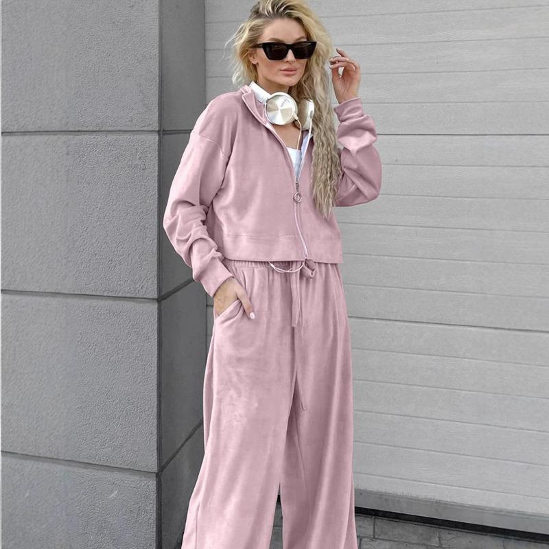 Elegant Velvet Long Pants Sets Women Laple Zipper Long Sleeve Coat Lace Up Wide Leg Pant Female Sets Autumn Lady Outfits