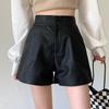 2025 Women's High-Waisted A-Line Black PU Leather Shorts - Autumn/Winter Slimming Wide-Leg Casual Booty Fit